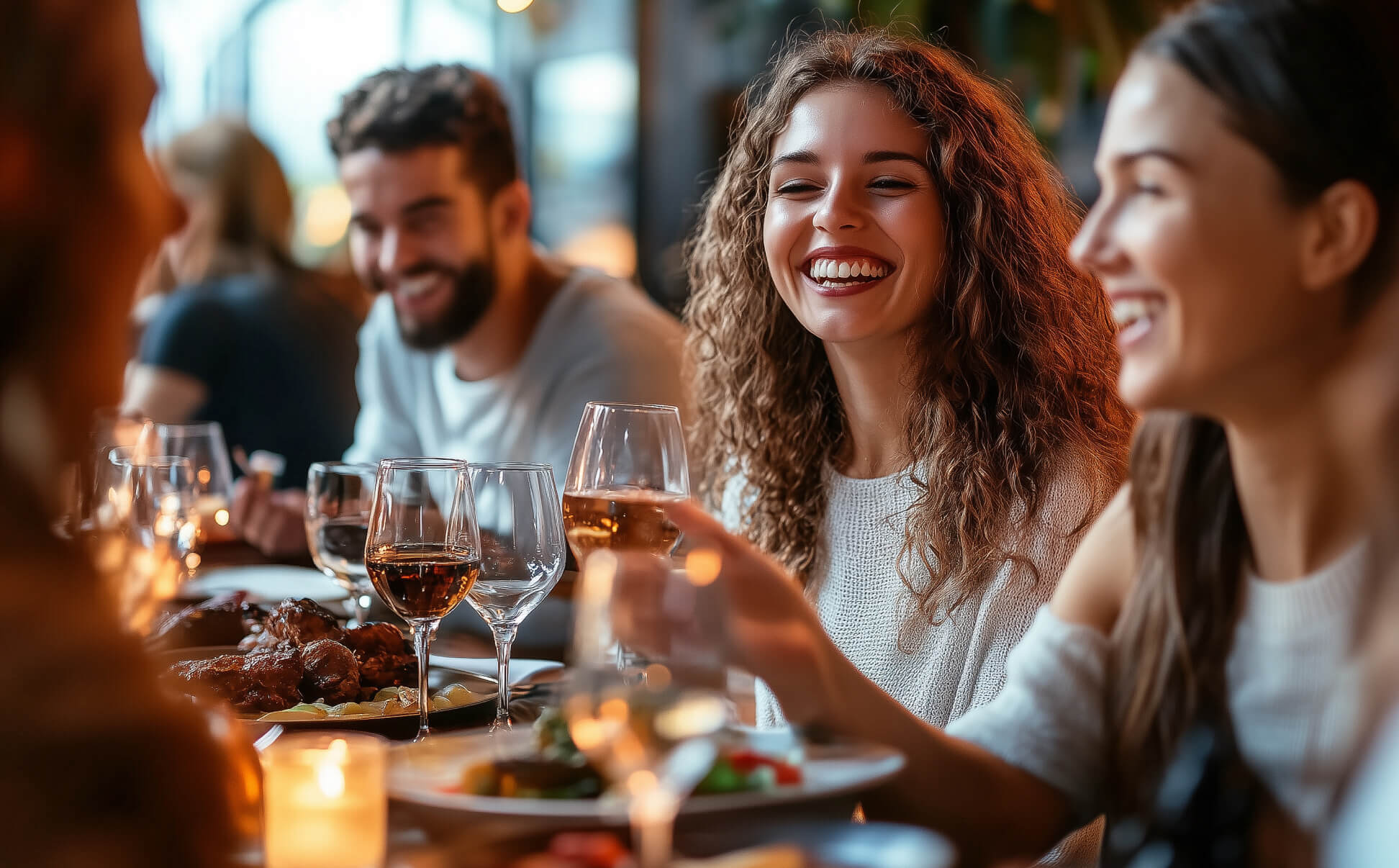 Friends dining and drinking wine at table in East Austin Springdale Neighborhood – Mira Residences